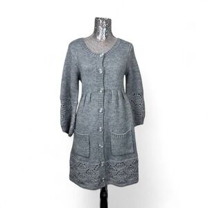 Cottagecore Gray Knit Babydoll Puff Sleeve Sweater Dress Medium Cozy Soft Grunge